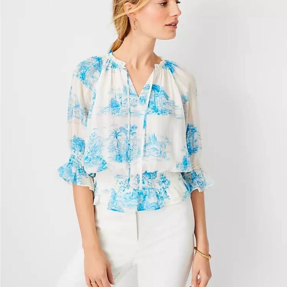 Talbots Blue and White Women's 3/4 Sleeve Smocked Top, Size Small